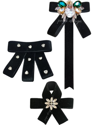 Pegu Arılı 3 Lü Siyah Kadife Broş Set Kristal Taş,papyon Kravat Yakalık Yaka Iğnesi Kadın Broş