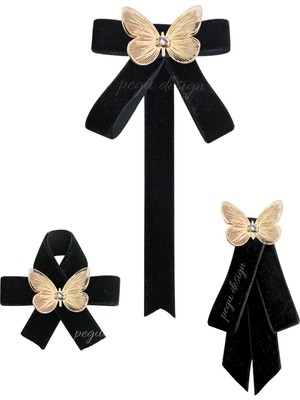 Pegu Kelebekli 3 Lü Siyah Kadife Broş Set Kristal Taş,papyon Kravat Yakalık Yaka Iğnesi Kadın Broş