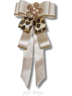 Pegu Luxury Ekru Leopar Saten Kurdele Incili Çiçekli Yaka Broş,papyon,kravat ..