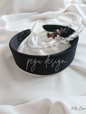 Pegu 3 Lü Set Geniş Kadife Siyahve Sıralı Inci Taç , Gelin,davet ,kutlama ,günlük,