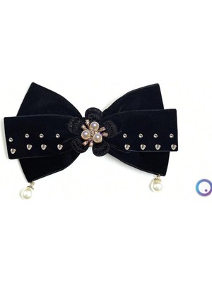 Pegu Taşlı,nakış Çiçekli Incili Siyah Kadife Özel Tasarım Otomatik Toka