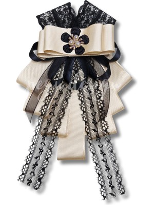 Pegu Luxury Ekru Dantelli Kadife Kurdele Incili Çiçekli Yaka Broş,papyon,kravat ..