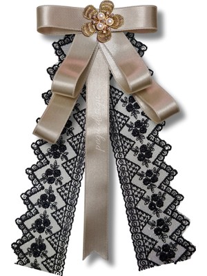 Pegu Ekru Saten Kurdele Dantel Güpürlü Incili Çiçekli Yaka Broş,papyon,kravat ..