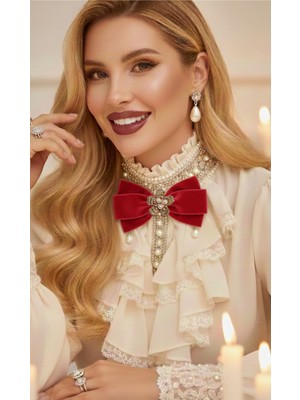 Pegu Kırmızı Kadife Incili Çiçekli Yaka Broş,papyon,kravat ..