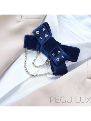Pegu Lacivert Kadife ,kristal Taşlı ,kadın Papyon,broş,yaka Iğnesi,kravat