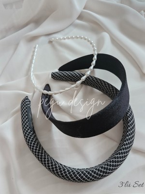 Pegu 3 Lü Set Geniş Kadife, Dolgulu Taç ve Sıralı Inci Taç , Gelin,davet ,kutlama ,günlük,