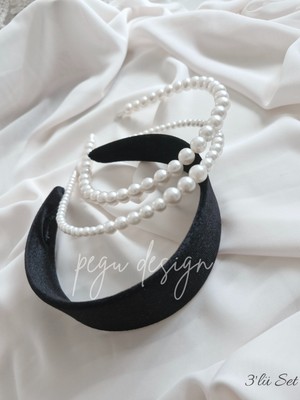 Pegu 3 Lü Set Geniş Kadife Siyahve Sıralı Inci Taç , Gelin,davet ,kutlama ,günlük,