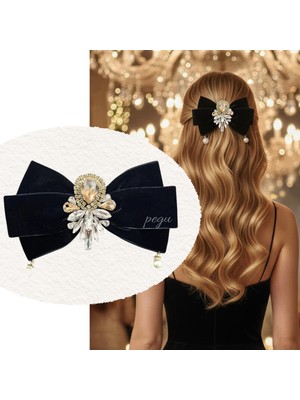 Pegu Taşlı,incili Siyah Kadife Özel Tasarım Otomatik Toka