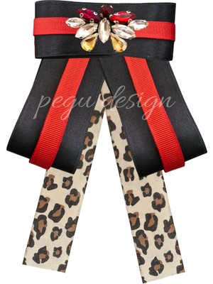 Pegu Arılı Kırmızı Şeritli Siyah Saten Kadın Broş,yaka Iğnesi ,papyon/kravat