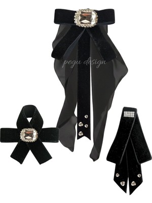 Pegu 3 Lü Siyah Kadife Broş Setkristal Taş,papyon Kravat Yakalık Yaka Iğnesi Kadın Broş