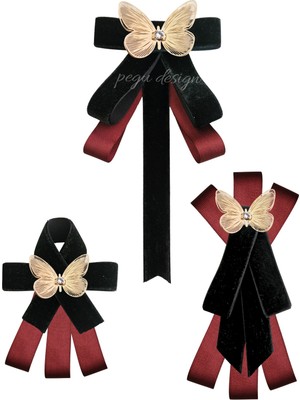 Pegu Kelebekli 3 Lü Siyah Kadife Broş Set Kristal Taş,papyon Kravat Yakalık Yaka Iğnesi Kadın Broş