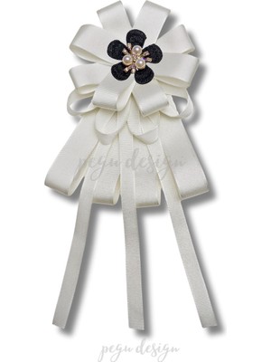 Pegu Luxury Ekru Grogren Kurdele Incili Çiçekli Yaka Broş,papyon,kravat ..