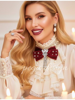 Pegu Bordo Kadife , Yanlar Inci Sallantılı Kristal Taşlı ,kadın Papyon,broş,yeniyıl Kutlama,kravat