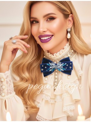 Pegu Lacivert Kadife , Yanlar Inci Sallantılı Kristal Taşlı ,kadın Papyon,broş,yeniyıl Kutlama,kravat