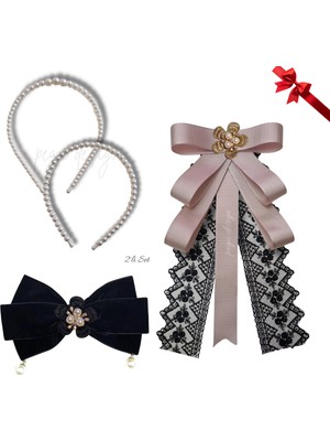 Pegu 4 Lü Set Incili Taç,çiçekli Yaka Broş,kadife Otomatik Toka,sevgililer Günü Hediye