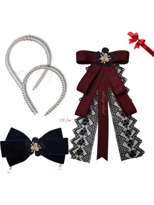 Pegu 4 Lü Set Incili Taç,çiçekli Yaka Broş,kadife Otomatik Toka,sevgililer Günü Hediye