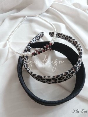 Pegu 3 Lü Set Geniş Kadife, Leoapar Taç ve Sıralı Inci Taç , Gelin,davet ,kutlama ,günlük,