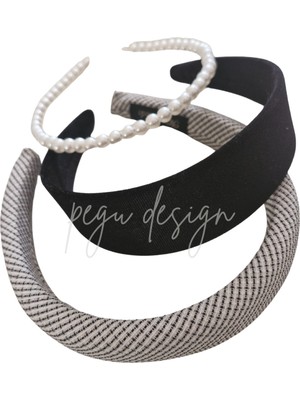 Pegu 3 Li Set Çizgili Dolgulu Taç ve Siyah Kadife ve Incili Taç Takım