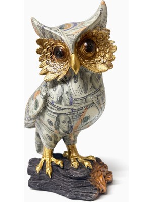 Bsre Dolar Desenli Baykuş Biblosu - Ofis ve Ev Için Dekoratif Zenginlik ve Şans Heykelciği (22X13CM)