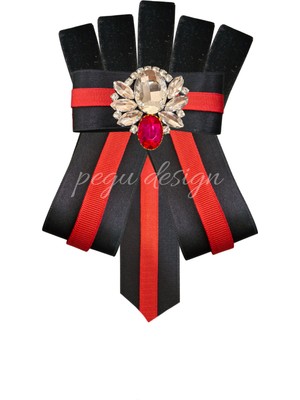 Pegu Kırmızı Şeritli Siyah Saten Kadın Broş,yaka Iğnesi ,papyon/kravat