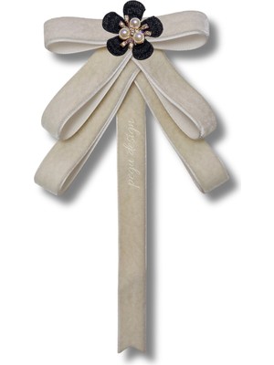 Pegu Ekru Kadife Kurdele Incili Çiçekli Yaka Broş,papyon,kravat ..