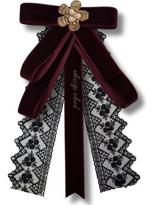 Pegu Bordo Kadife Kurdele Dantel Güpürlü Incili Çiçekli Yaka Broş,papyon,kravat ..