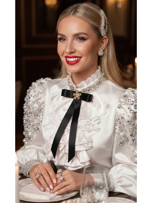 Pegu Siyah Saten Kurdele Incili Çiçekli Yaka Broş,papyon,kravat ..