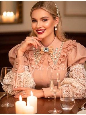 Pegu Ekru Kadife ,kristal Taşlı ,kadın Papyon,broş,yaka Iğnesi,kravat