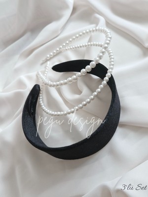 Pegu 3 Lü Set Geniş Kadife Siyahve Sıralı Inci Taç , Gelin,davet ,kutlama ,günlük,