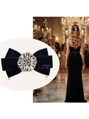 Pegu Taşlı,incili Siyah Kadife Özel Tasarım Otomatik Toka