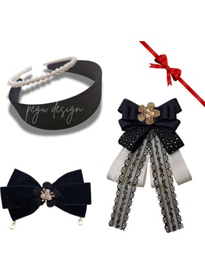 Pegu 4 Lü Set Incili Taç,kadife Taç,çiçekli Yaka Broş,kadife Otomatik Toka,sevgililer Günü Hediye