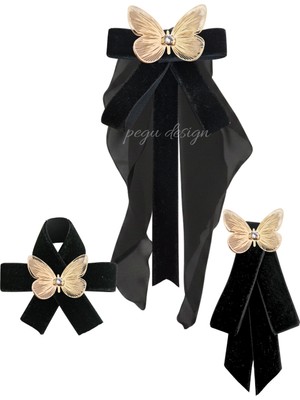 Pegu Kelebekli 3 Lü Siyah Kadife Broş Set Kristal Taş,papyon Kravat Yakalık Yaka Iğnesi Kadın Broş
