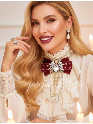 Pegu Bordo Kadife , Yanlar Inci Sallantılı Kristal Taşlı ,kadın Papyon,broş,yeniyıl Kutlama,kravat