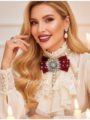 Pegu Bordo Kadife , Yanlar Inci Sallantılı Kristal Taşlı ,kadın Papyon,broş,yeniyıl Kutlama,kravat