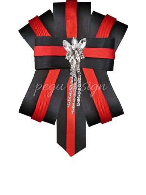 Pegu Kırmızı Şeritli Siyah Saten Kadın Broş,yaka Iğnesi ,papyon/kravat