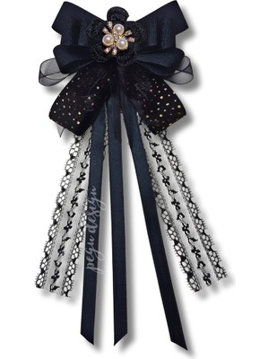 Pegu Luxury Siyah Dantelli Kurdele Incili Çiçekli Yaka Broş,papyon,kravat ..