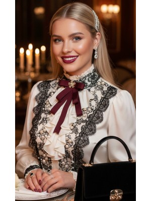 Pegu Bordo Grogren Kurdele Incili Çiçekli Yaka Broş,papyon,kravat ..