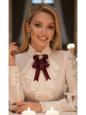 Pegu Bordo Grogren Kurdele Incili Çiçekli Yaka Broş,papyon,kravat ..