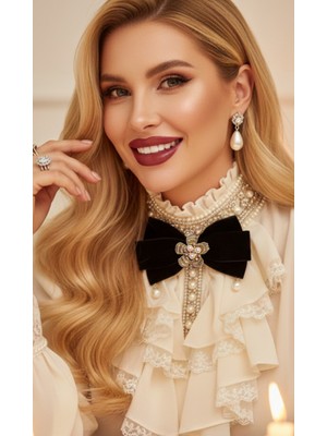 Pegu Siyah Kadife Incili Çiçekli Yaka Broş,papyon,kravat ..