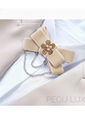 Pegu Ekru Kadife Su Yolu Sallantılı Incili Çiçekli Yaka Broş,papyon,kravat ..