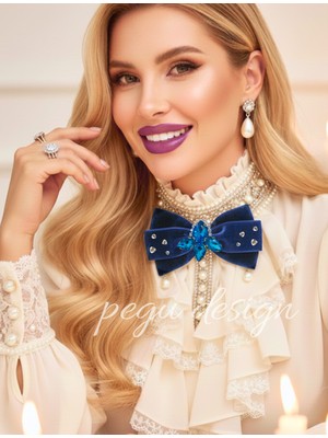 Pegu Lacivert Kadife , Yanlar Inci Sallantılı Kristal Taşlı ,kadın Papyon,broş,yeniyıl Kutlama,kravat