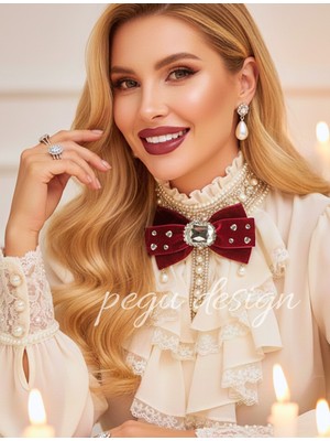 Pegu Bordo Kadife , Yanlar Inci Sallantılı Kristal Taşlı ,kadın Papyon,broş,yeniyıl Kutlama,kravat