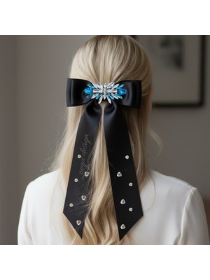 Pegu Mavi Gümüş Taşlı Siyah Saten Otomatik Toka