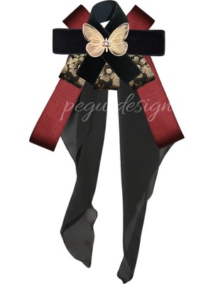 Pegu Kelebek Figürlü Kadife Broş , Kenarları Tırtıklı Özel Tasarım Şifon Kumaşlı