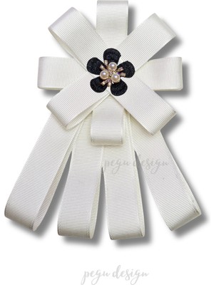 Pegu Luxury Ekru Grogren Kurdele Incili Çiçekli Yaka Broş,papyon,kravat ..
