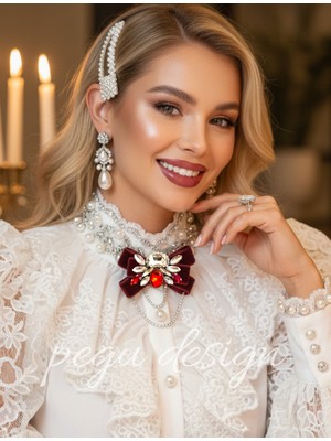 Pegu Bordo Kadife ,kristal Taşlı ,kadın Papyon,broş,yaka Iğnesi,kravat