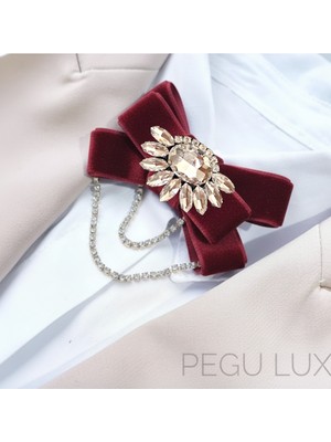 Pegu Bordo Kadife ,kristal Taşlı ,kadın Papyon,broş,yaka Iğnesi,kravat