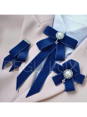 Pegu Lux Lacivert Kadife 3 Lü Set Kurdele Broş Yaka Igne Okul,işhediye,şal,gömlek Aksesuar