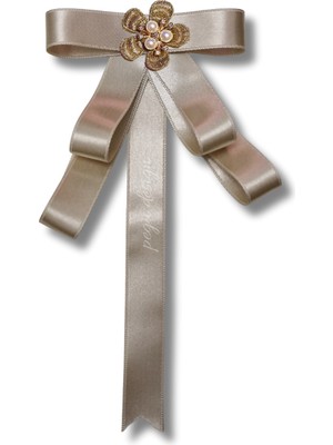 Pegu Ekru Saten Kurdele Incili Çiçekli Yaka Broş,papyon,kravat ..