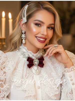 Pegu Bordo Kadife ,kristal Taşlı ,kadın Papyon,broş,yaka Iğnesi,kravat